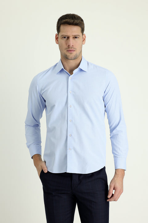 Light Blue Long Sleeve Slim Fit Narrow Cut Classic Patterned Cotton Easy Iron Shirt