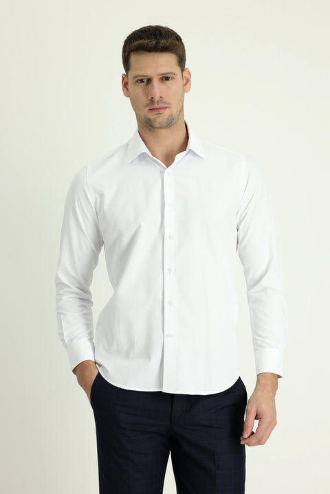 White Long Sleeve Slim Fit Narrow Cut Classic Patterned Cotton Easy Iron Shirt