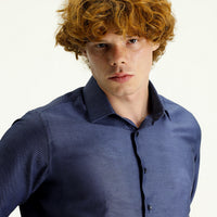 Dark Navy Long Sleeve Slim Fit Narrow Cut Classic Patterned Cotton Easy-Iron Shirt
