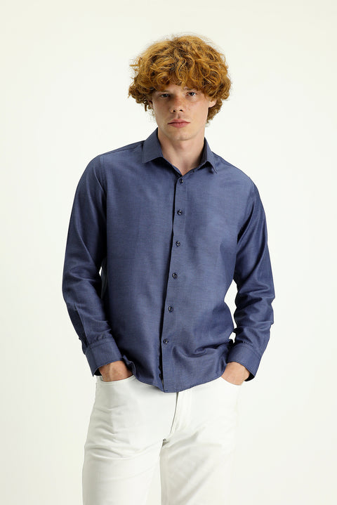 Dark Navy Long Sleeve Slim Fit Narrow Cut Classic Patterned Cotton Easy-Iron Shirt