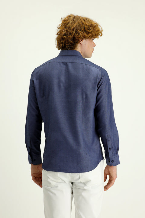 Dark Navy Long Sleeve Slim Fit Narrow Cut Classic Patterned Cotton Easy-Iron Shirt