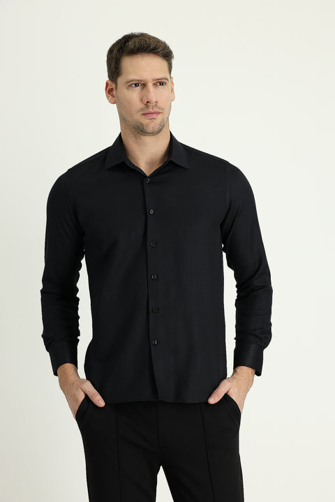 Black Long Sleeve Slim Fit Narrow Cut Classic Patterned Cotton Easy Iron Shirt