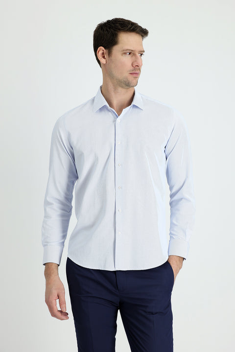 Light Blue Long Sleeve Slim Fit Narrow Cut Classic Patterned Cotton Easy-Iron Shirt