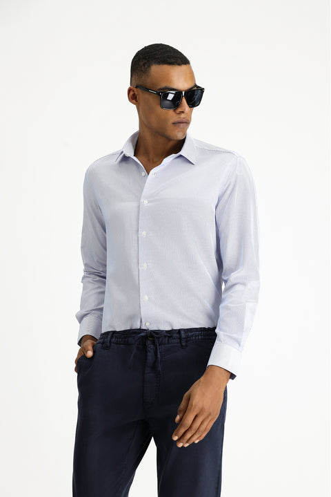 Dark Blue Long Sleeve Slim Fit Narrow Cut Classic Patterned Cotton Easy Iron Shirt