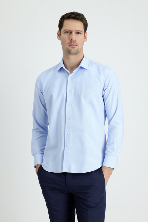 Light Blue Long Sleeve Slim Fit Narrow Cut Classic Patterned Cotton Easy Iron Shirt