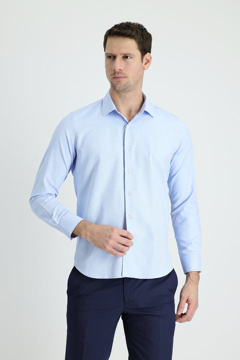 Light Blue Long Sleeve Slim Fit Narrow Cut Classic Patterned Cotton Easy Iron Shirt