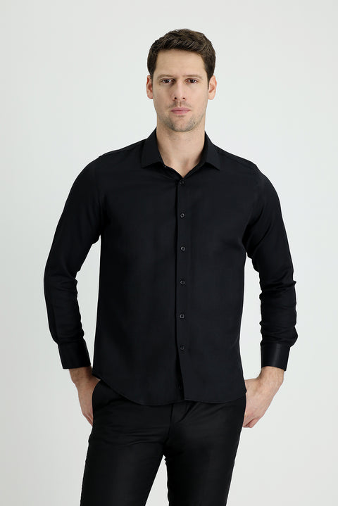 Dark Navy Long Sleeve Slim Fit Narrow Cut Classic Patterned Cotton Easy-Iron Shirt