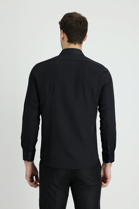 Dark Navy Long Sleeve Slim Fit Narrow Cut Classic Patterned Cotton Easy-Iron Shirt
