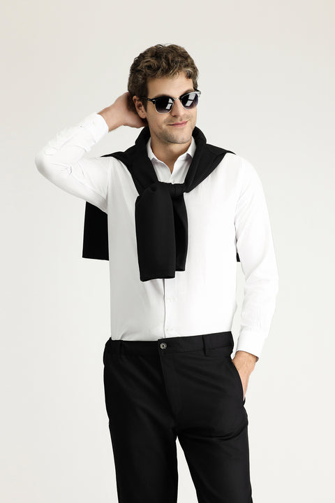 White Long Sleeve Slim Fit Narrow Cut Classic Patterned Cotton Easy Iron Shirt