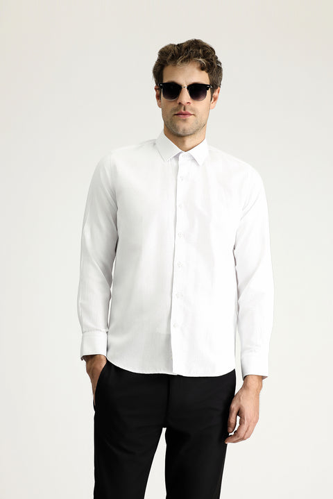 White Long Sleeve Slim Fit Narrow Cut Classic Patterned Cotton Easy Iron Shirt