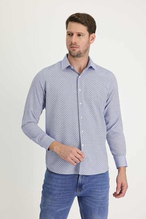 Medium Navy Long Sleeve Slim Fit Narrow Cut Classic Patterned Cotton Easy-Iron Shirt