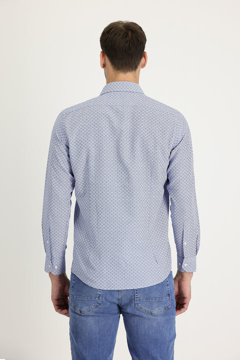 Medium Navy Long Sleeve Slim Fit Narrow Cut Classic Patterned Cotton Easy-Iron Shirt