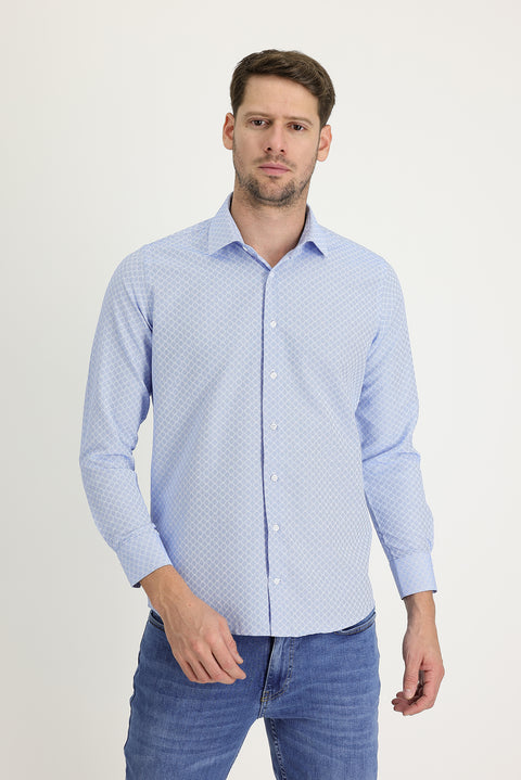 Light Blue Long Sleeve Slim Fit Narrow Cut Classic Patterned Cotton Easy Iron Shirt