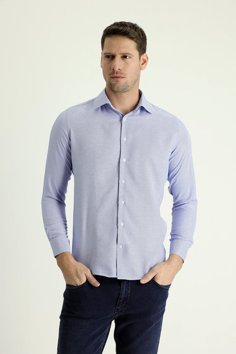 Mavi Uzun Kol Slim Fit Dar Kesim Klasik Desenli Pamuklu Kolay Ütülenebilir Gömlek