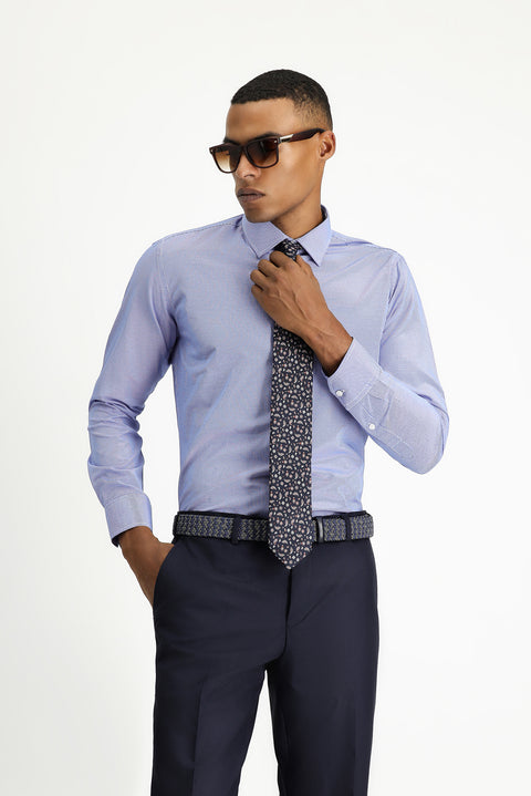 Saks Mavi Uzun Kol Slim Fit Dar Kesim Klasik Desenli Pamuklu Kolay Ütülenebilir Gömlek