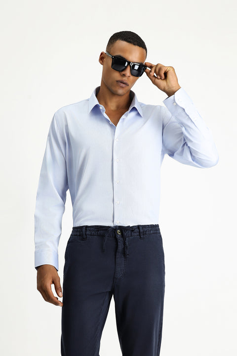 Light Blue Long Sleeve Slim Fit Narrow Cut Classic Patterned Cotton Easy Iron Shirt