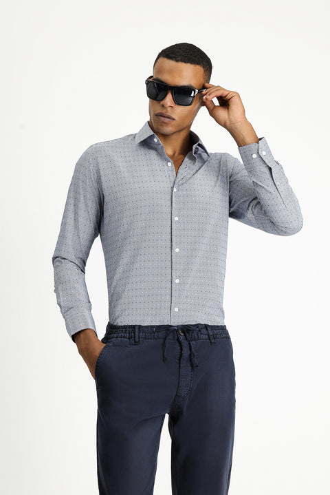 Medium Navy Long Sleeve Slim Fit Narrow Cut Patterned Classic Cotton Easy-Iron Shirt