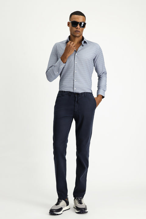 Medium Navy Long Sleeve Slim Fit Narrow Cut Patterned Classic Cotton Easy-Iron Shirt