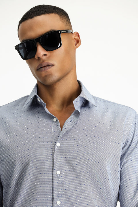 Medium Navy Long Sleeve Slim Fit Narrow Cut Patterned Classic Cotton Easy-Iron Shirt