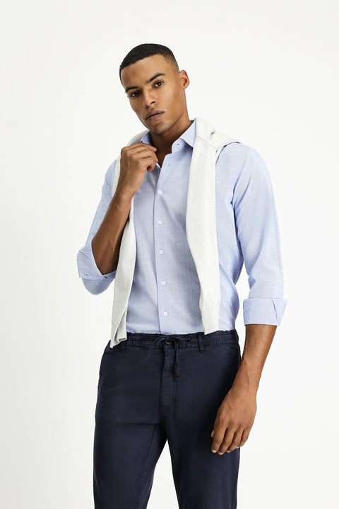 Light Blue Long Sleeve Slim Fit Narrow Cut Patterned Classic Cotton Easy-Iron Shirt