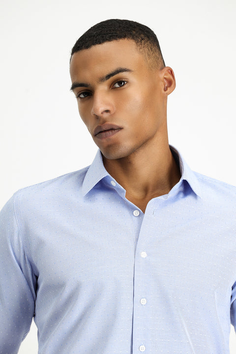 Light Blue Long Sleeve Slim Fit Narrow Cut Patterned Classic Cotton Easy-Iron Shirt