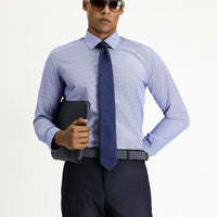 Navy Blue Long Sleeve Slim Fit Narrow Cut Patterned Classic Cotton Easy-Iron Shirt