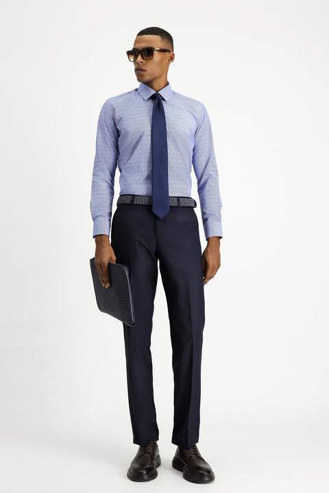 Navy Blue Long Sleeve Slim Fit Narrow Cut Patterned Classic Cotton Easy-Iron Shirt