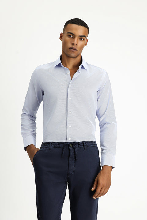 Koyu Mavi  Uzun Kol Slim Fit Klasik Yaka Pamuklu Kolay Ütülenebilir Desenli Gömlek