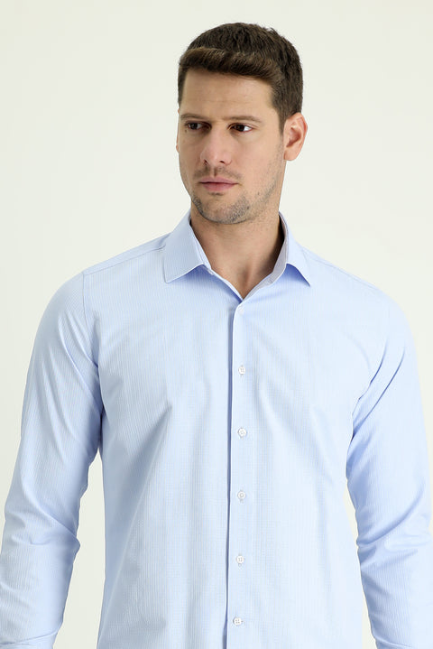 Light Blue Long Sleeve Slim Fit Narrow Cut Classic Patterned Cotton Easy Iron Shirt