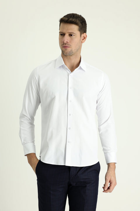 White Long Sleeve Slim Fit Narrow Cut Classic Patterned Cotton Easy Iron Shirt