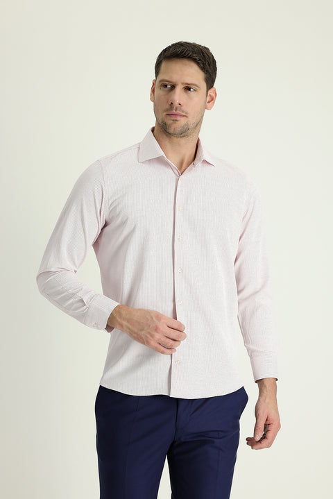 Açık Kırmızı Uzun Kol Slim Fit Dar Kesim Desenli Pamuklu Kolay Ütülenebilir Gömlek