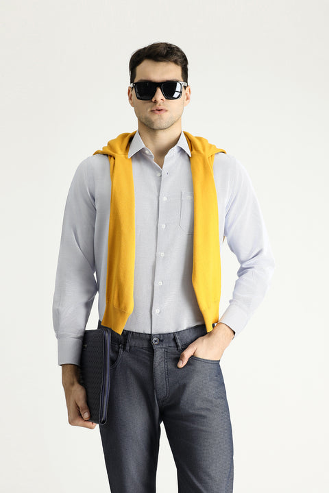 Dark Blue Long-Sleeve Classic Patterned Cotton Shirt