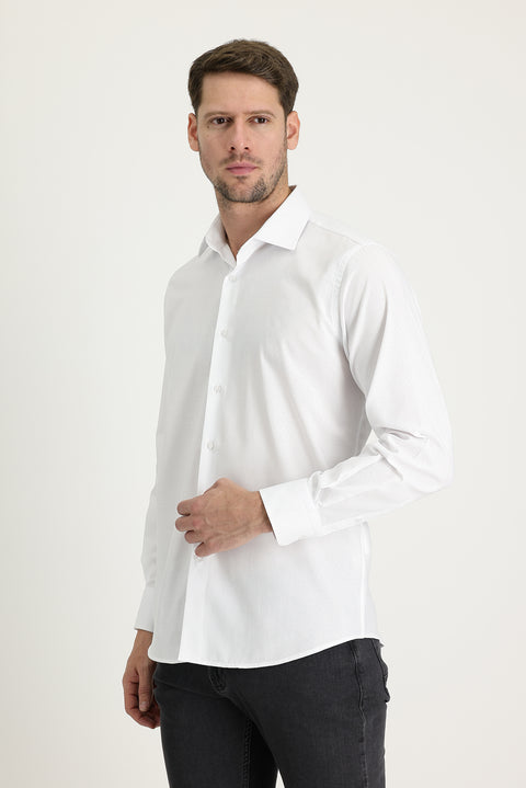 White Long-Sleeve Classic Patterned Cotton Easy-Iron Shirt