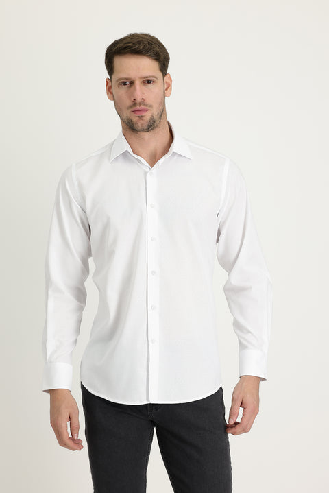 White Long-Sleeve Classic Patterned Cotton Easy-Iron Shirt