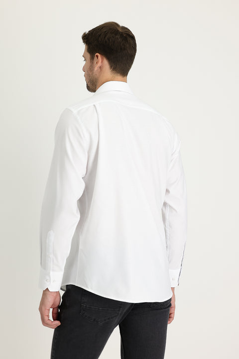 White Long-Sleeve Classic Patterned Cotton Easy-Iron Shirt