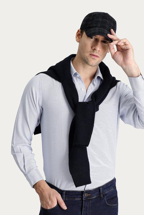 Dark Blue Long-Sleeved Patterned Classic Cotton Shirt