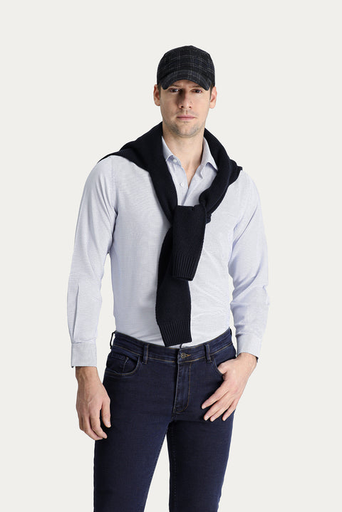 Dark Blue Long-Sleeved Patterned Classic Cotton Shirt