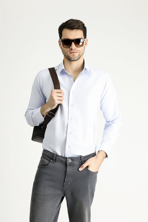 Light Blue Long Sleeve Classic Patterned Cotton Shirt