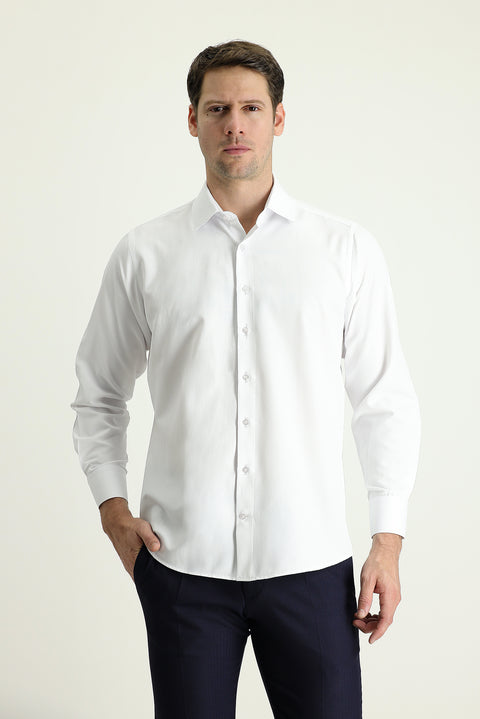 White Long-Sleeve Classic Patterned Cotton Easy-Iron Shirt