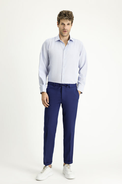 Blue Long-Sleeve Classic Patterned Cotton Easy-Iron Shirt