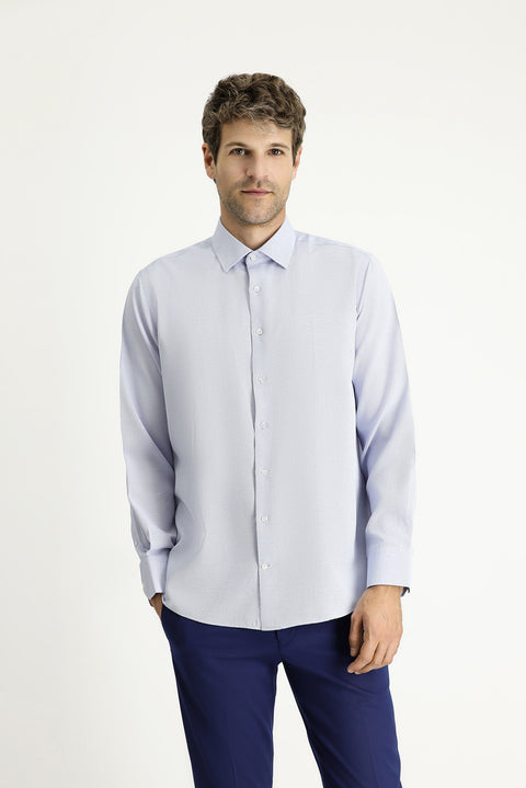 Blue Long-Sleeve Classic Patterned Cotton Easy-Iron Shirt