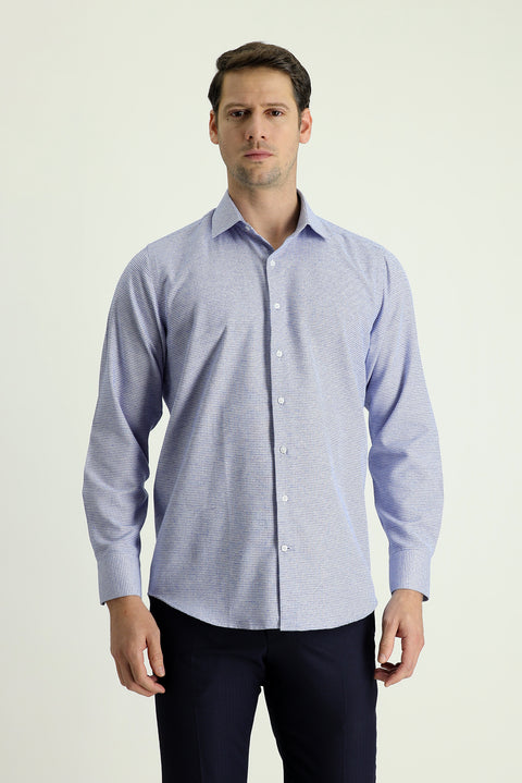 Dark Blue Long Sleeve Classic Patterned Cotton Easy-Iron Shirt
