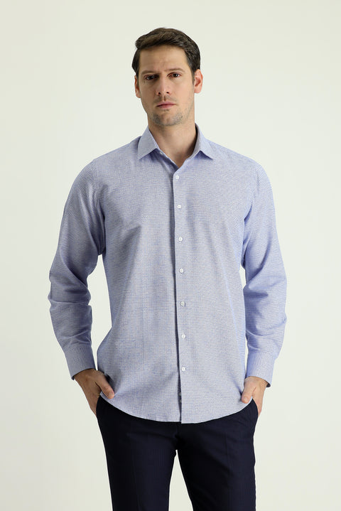 Dark Blue Long Sleeve Classic Patterned Cotton Easy-Iron Shirt