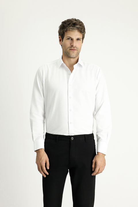 White Long-Sleeve Classic Patterned Cotton Easy-Iron Shirt