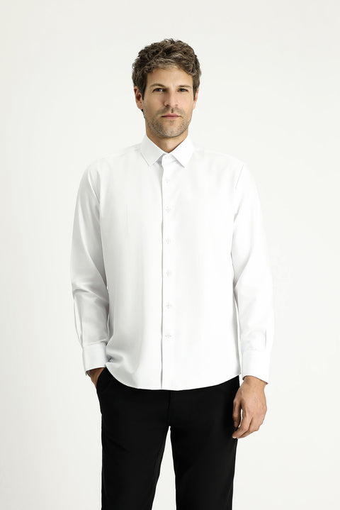 White Long-Sleeve Classic Patterned Cotton Easy-Iron Shirt