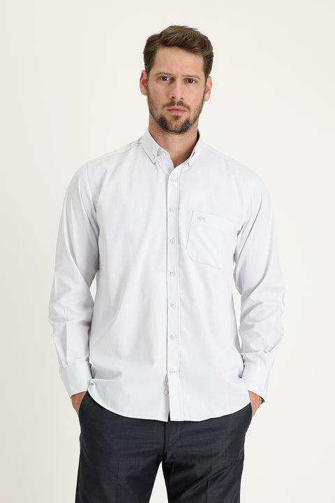 Light Grey Long Sleeve Regular Fit Patterned Cotton Easy-Iron Button-Down Collar Shirt