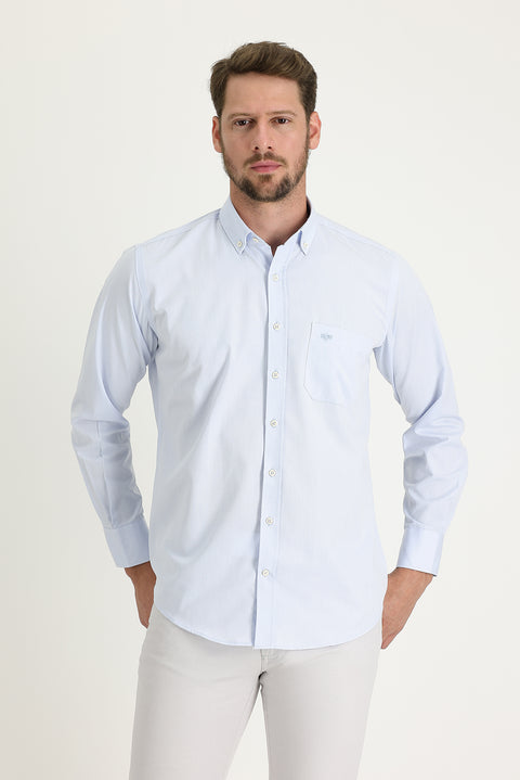Light Blue Long Sleeve Regular Fit Patterned Cotton Easy-Iron Button-Down Collar Shirt