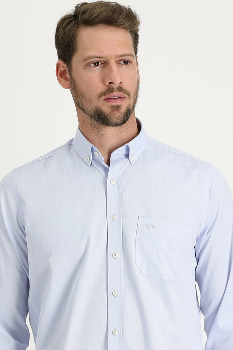 Aqua Blue Long Sleeve Regular Fit Patterned Cotton Easy-Iron Button-Down Collar Shirt