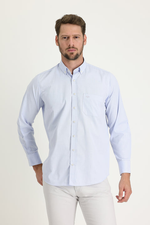 Aqua Blue Long Sleeve Regular Fit Patterned Cotton Easy-Iron Button-Down Collar Shirt