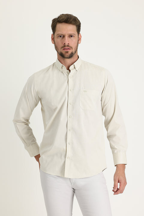 Light Beige Long Sleeve Regular Fit Patterned Cotton Easy-Iron Button-Down Collar Shirt